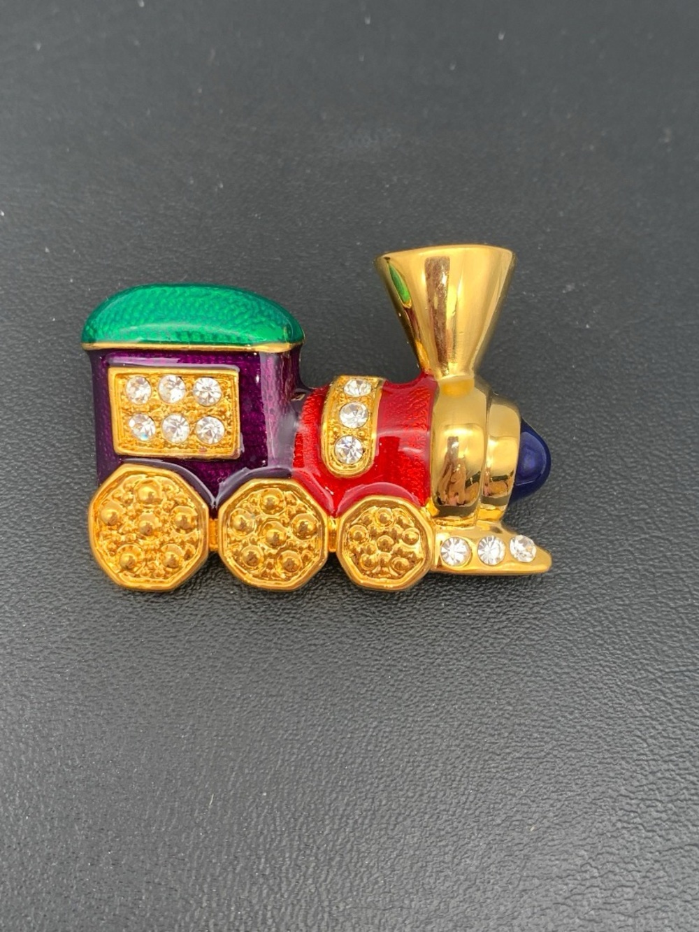 Vintage gold tone & colorful Enamel & Crystal locomotive train brooch Multicolor